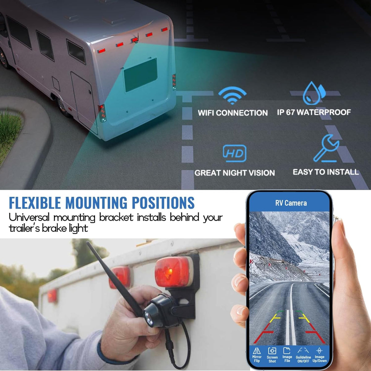 Wi-Fi RV Trailer Backup Camera with Red Marker Lights