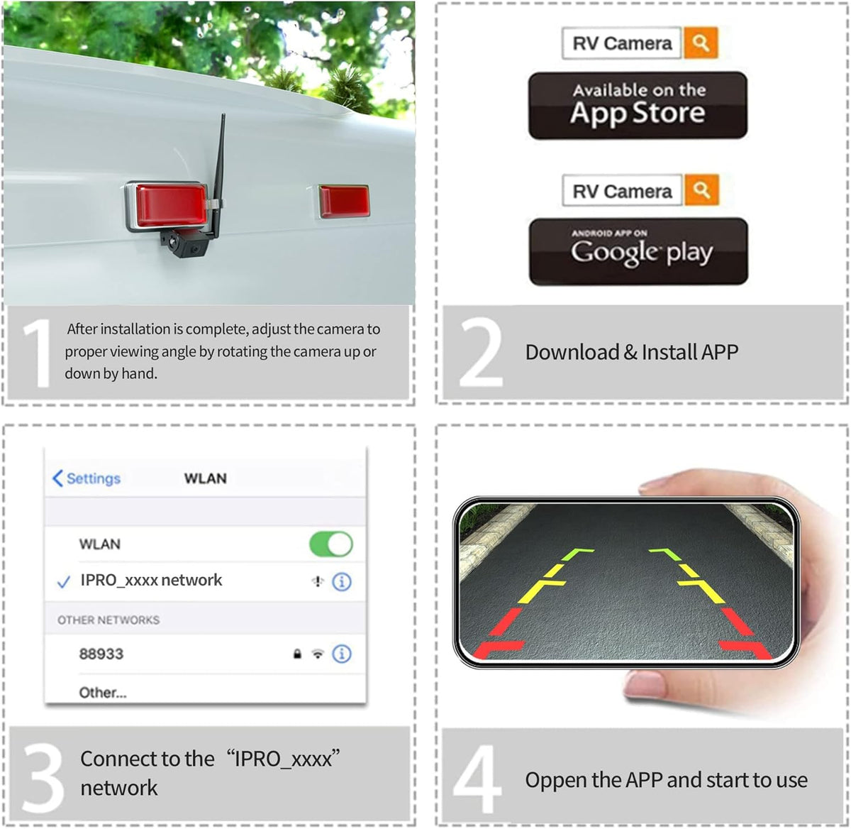 Caméra de recul sans fil WiFi EW-U001 pour camping-car/remorque avec support